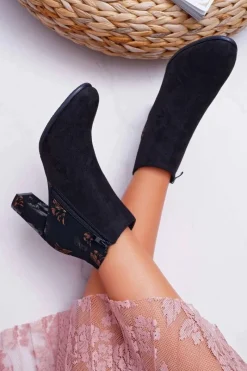 Best Buty Sergio Leone Botki Damskie Na Słupku Sergio Leone W Złote Kwiaty Folk Czarne Eros2