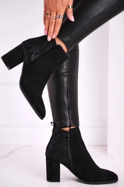 Hot Botki Damskie Na Słupku Sergio Leone Czarne BT508 Damskie Botki Na Słupku|Czarne Botki