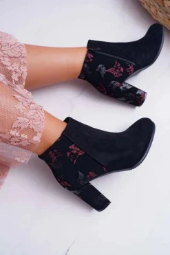 Best Botki Damskie Na Słupku Sergio Leone W Różowe Kwiaty Folk Czarne Eros2 Damskie Botki Na Słupku|Botki Zimowe Damskie