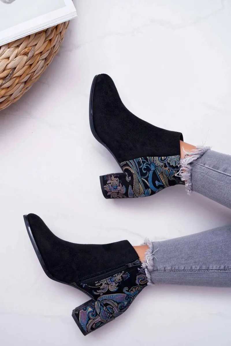 Botki Na Słupku|Czarne Botki>Buty Sergio Leone Botki Damskie Na Słupku Sergio Leone W Kwiaty Folk Czarne Eros2