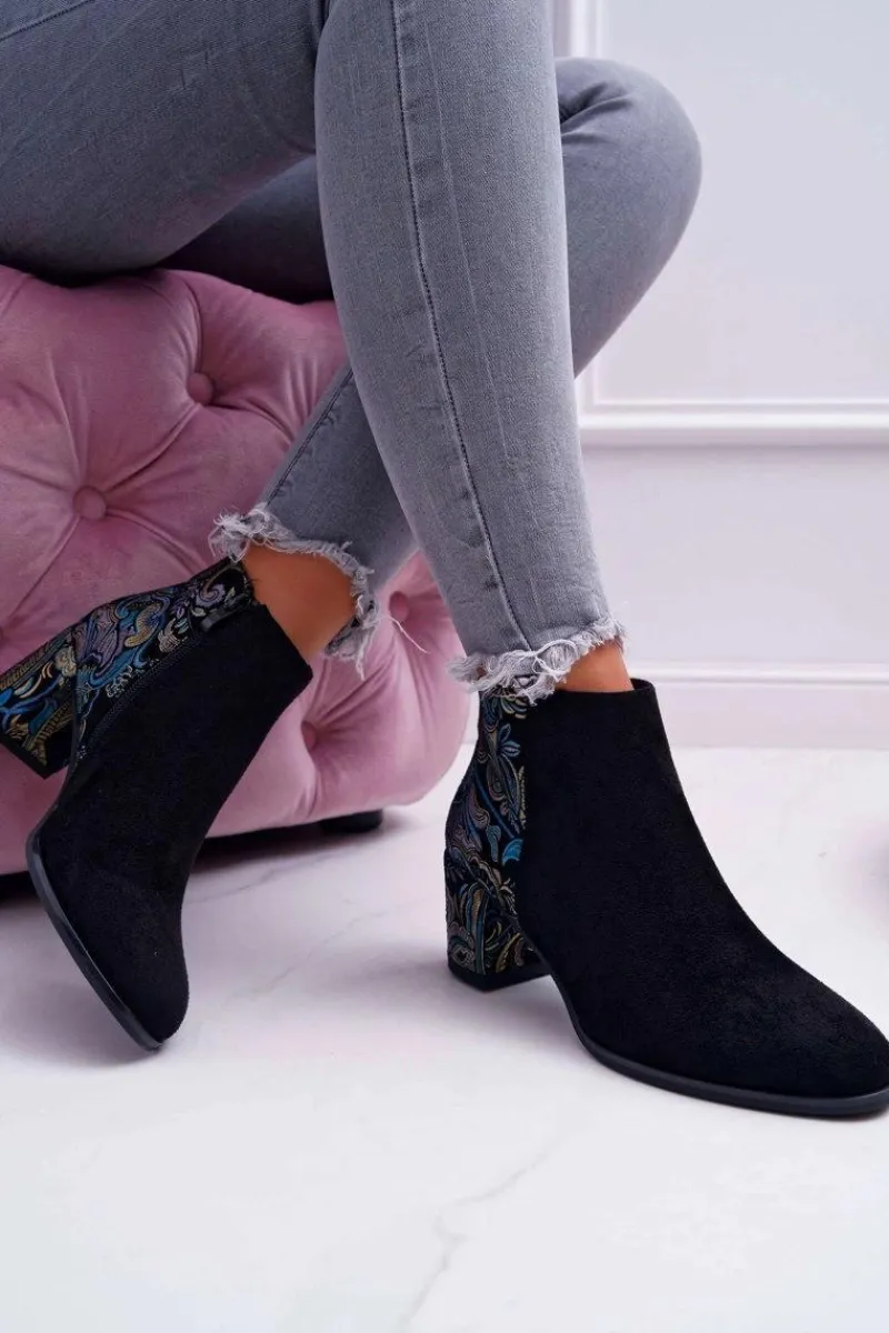 Botki Na Słupku|Czarne Botki>Buty Sergio Leone Botki Damskie Na Słupku Sergio Leone W Kwiaty Folk Czarne Eros2