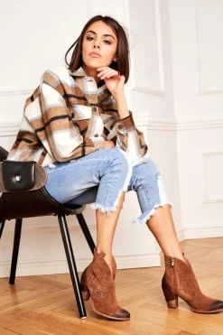 Botki Wiosenne|Botki Na Słupku>Boto Botki Damskie Na Słupku Skórzane Welurowe Kowbojki Exquisite Brązowe 1170