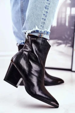 Best Botki Damskie Na Słupku Skórzane Big Star Czarne GG274919 Damskie Botki Na Słupku|Czarne Botki