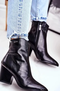 Best Botki Damskie Na Słupku Skórzane Big Star Czarne GG274919 Damskie Botki Na Słupku|Czarne Botki