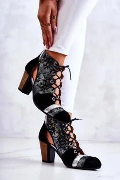 Outlet Maciejka Botki Damskie Na Słupku Skórzane Wiosenne 03938-01 Czarne