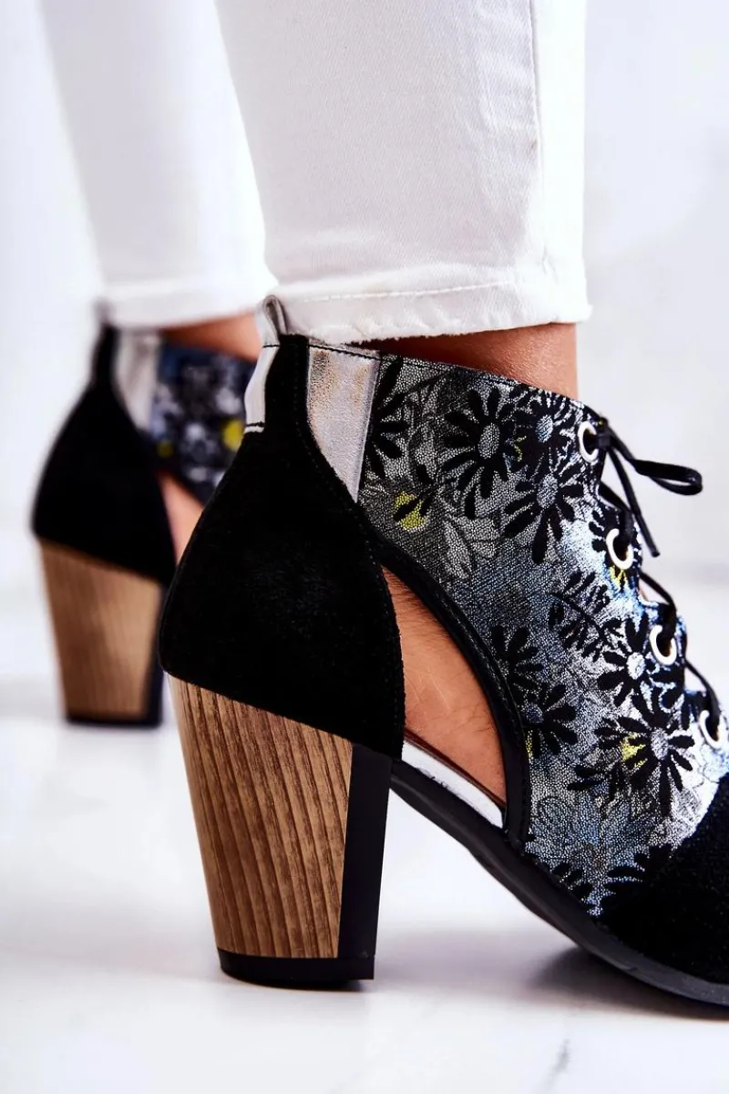 Outlet Maciejka Botki Damskie Na Słupku Skórzane Wiosenne 03938-01 Czarne