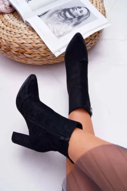 Clearance Boto Botki Damskie Na Słupku Suwak W Szpic Zamszowe Czarne Ferol