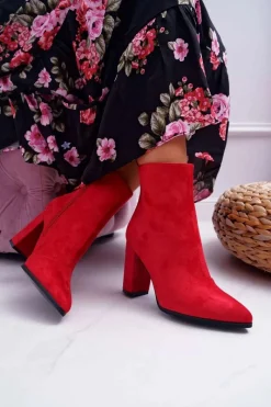 Clearance Botki Damskie Na Słupku Suwak W Szpic Czerwone Ferol Damskie Botki Na Słupku|Botki Zimowe Damskie