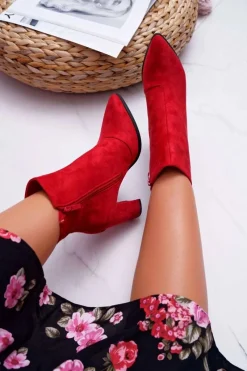 Clearance Botki Damskie Na Słupku Suwak W Szpic Czerwone Ferol Damskie Botki Na Słupku|Botki Zimowe Damskie