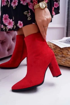 Clearance Botki Damskie Na Słupku Suwak W Szpic Czerwone Ferol Damskie Botki Na Słupku|Botki Zimowe Damskie