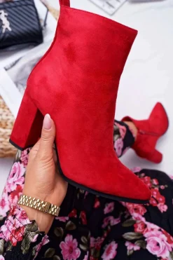 Clearance Botki Damskie Na Słupku Suwak W Szpic Czerwone Ferol Damskie Botki Na Słupku|Botki Zimowe Damskie