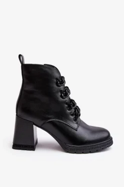 Outlet Damskie buty S.Barski Botki Damskie Na Słupku Sznurowane D&A CR8120 Czarne