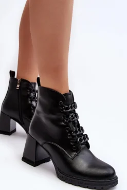 Outlet Damskie buty S.Barski Botki Damskie Na Słupku Sznurowane D&A CR8120 Czarne