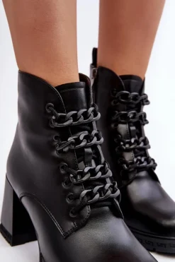 Outlet Damskie buty S.Barski Botki Damskie Na Słupku Sznurowane D&A CR8120 Czarne