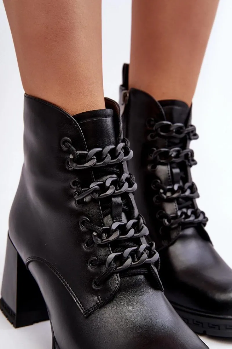 Outlet Damskie buty S.Barski Botki Damskie Na Słupku Sznurowane D&A CR8120 Czarne