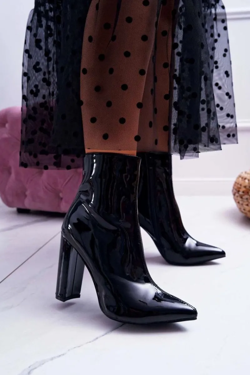 Best Boto Botki Damskie Na Słupku W Szpic Lakierowane Czarne Demens