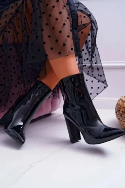 Best Boto Botki Damskie Na Słupku W Szpic Lakierowane Czarne Demens