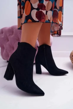 Hot Botki Damskie Na Słupku W Szpic Zamszowe Czarne Summe Damskie Botki Na Słupku|Botki Zimowe Damskie