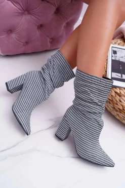 Botki Na Słupku|Botki Na Obcasie>Boto Botki Damskie Na Słupku w Pepitkę Biało Czarne Vibe