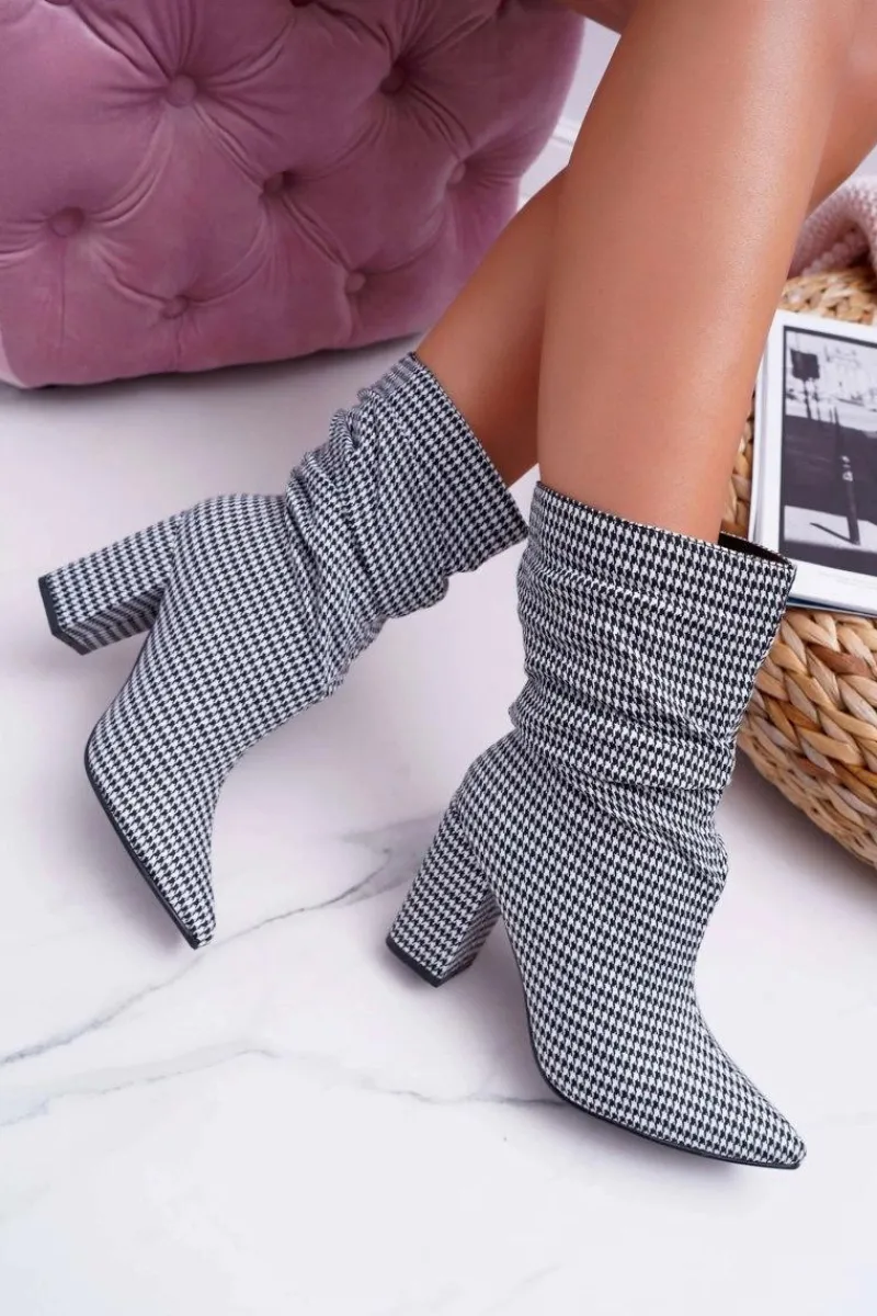 Botki Na Słupku|Botki Na Obcasie>Boto Botki Damskie Na Słupku w Pepitkę Biało Czarne Vibe