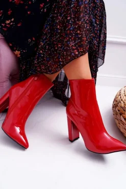 Botki Na Słupku|Botki Zimowe Damskie>Boto Botki Damskie Na Słupku W Szpic Lakierowane Czerwone Demens