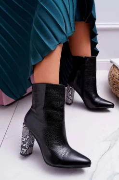 Clearance Botki Damskie Na Słupku Wężowy Motyw Czarne Vernel Damskie Botki Na Słupku|Botki Na Obcasie