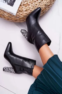 Clearance Botki Damskie Na Słupku Wężowy Motyw Czarne Vernel Damskie Botki Na Słupku|Botki Na Obcasie