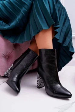 Clearance Botki Damskie Na Słupku Wężowy Motyw Czarne Vernel Damskie Botki Na Słupku|Botki Na Obcasie