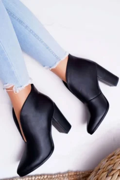 Best Boto Botki Damskie Na Słupku Wsuwane z Wycięciami Czarne Mantana