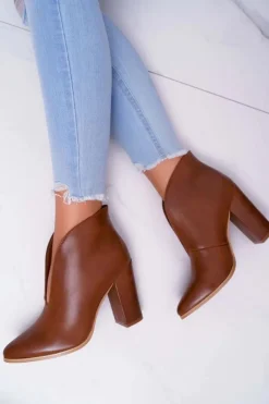 Clearance Botki Damskie Na Słupku Wsuwane z Wycięciami Brązowe Mantana Damskie Botki Na Słupku|Botki Zimowe Damskie