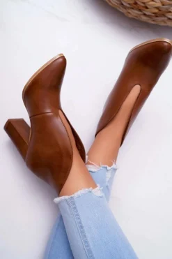 Clearance Botki Damskie Na Słupku Wsuwane z Wycięciami Brązowe Mantana Damskie Botki Na Słupku|Botki Zimowe Damskie