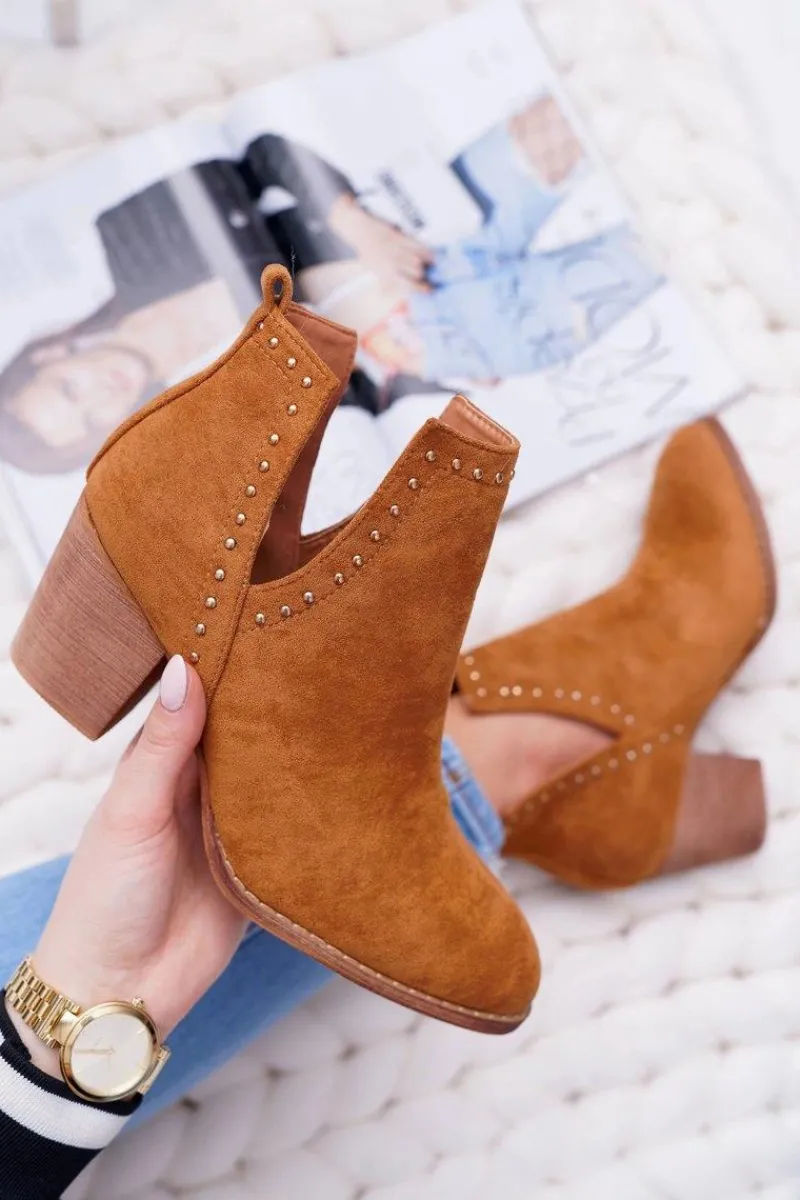 Botki Na Słupku|Brązowe I Beżowe Botki>Boto Botki Damskie Na Słupku Wsuwane z Wycięciami Camel ManiMani