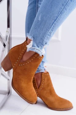 Botki Na Słupku|Brązowe I Beżowe Botki>Boto Botki Damskie Na Słupku Wsuwane z Wycięciami Camel ManiMani