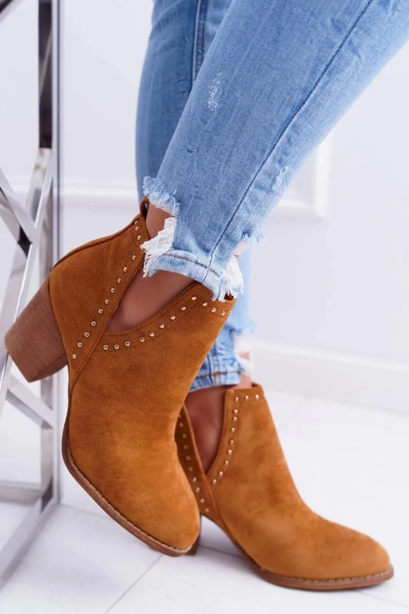 Botki Na Słupku|Brązowe I Beżowe Botki>Boto Botki Damskie Na Słupku Wsuwane z Wycięciami Camel ManiMani