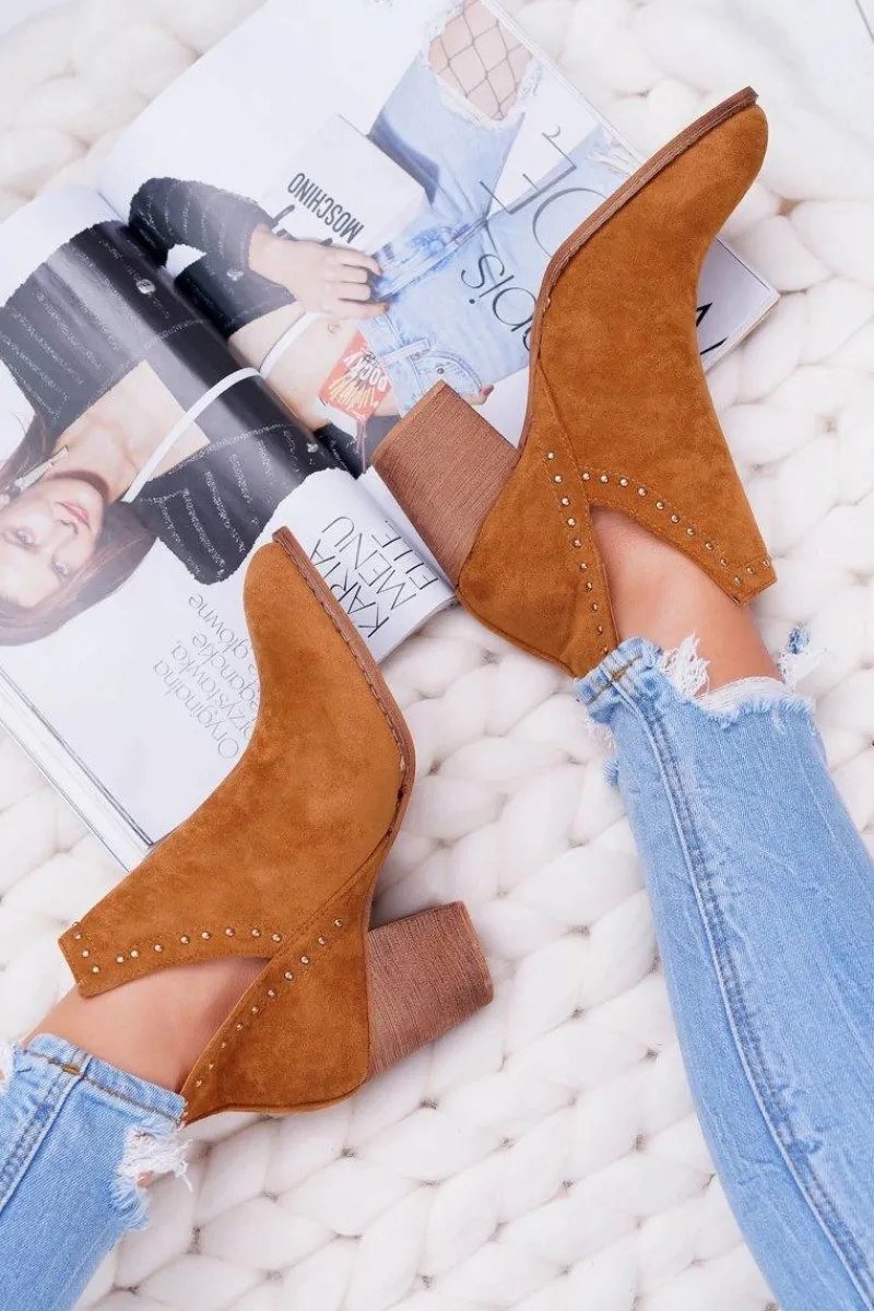 Botki Na Słupku|Brązowe I Beżowe Botki>Boto Botki Damskie Na Słupku Wsuwane z Wycięciami Camel ManiMani