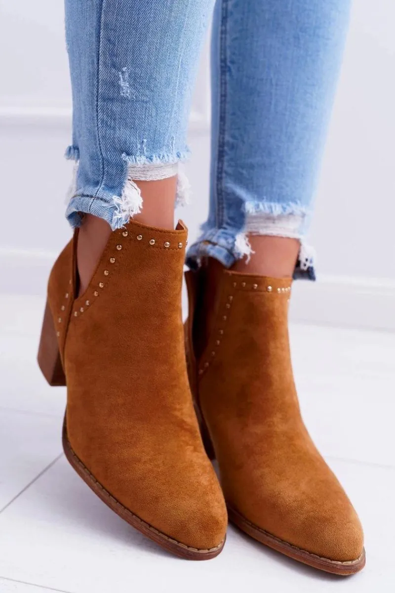 Botki Na Słupku|Brązowe I Beżowe Botki>Boto Botki Damskie Na Słupku Wsuwane z Wycięciami Camel ManiMani