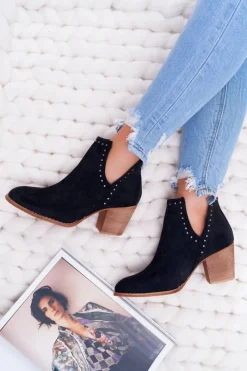 Sale Boto Botki Damskie Na Słupku Wsuwane z Wycięciami Czarne ManiMani