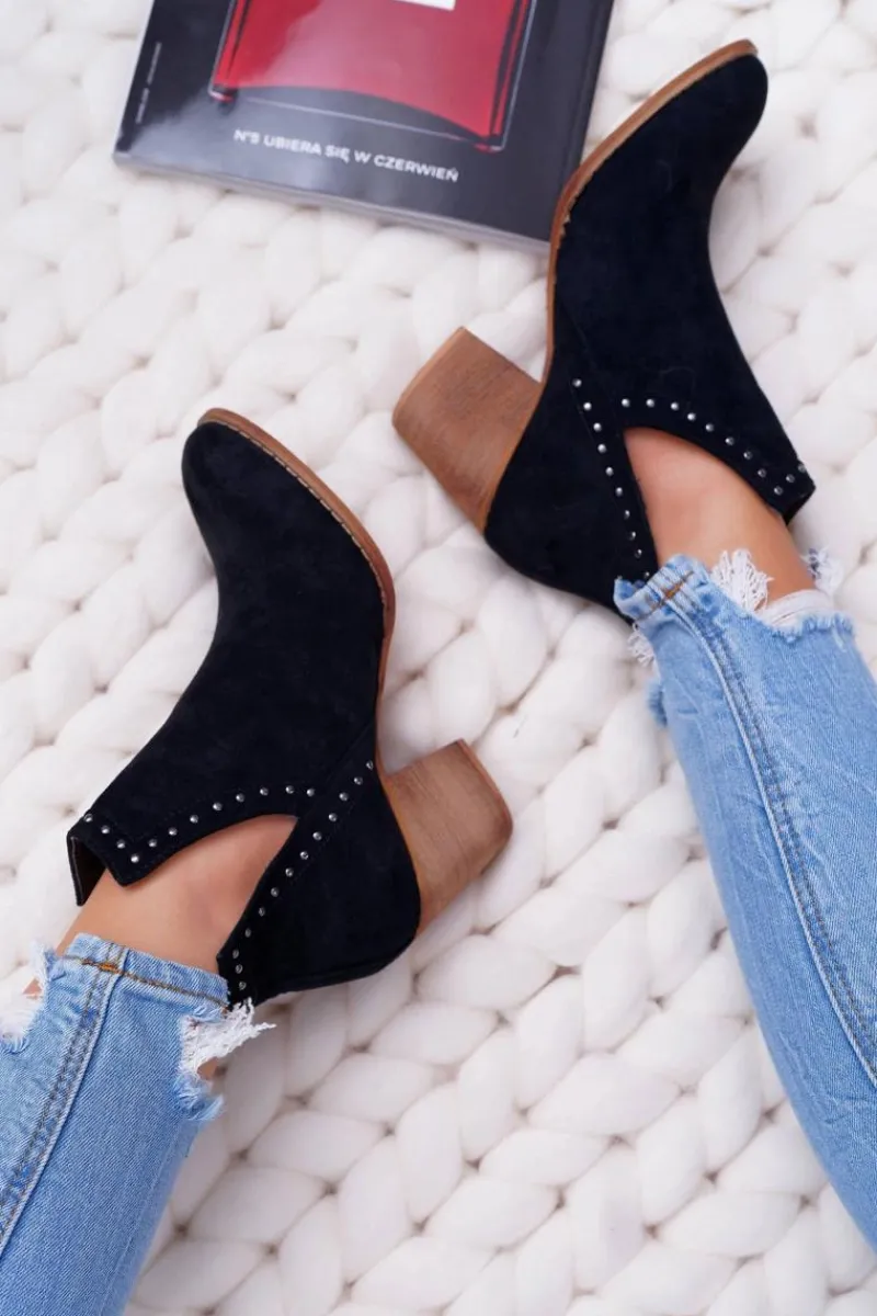 Sale Boto Botki Damskie Na Słupku Wsuwane z Wycięciami Czarne ManiMani