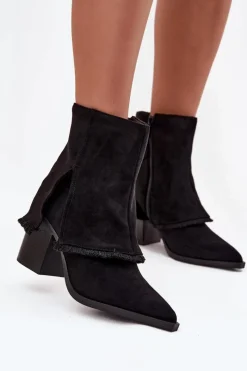 Botki Na Słupku|Botki Na Obcasie>Boto Botki Damskie Na Słupku Z Wywiniętą Cholewką Czarne Idalia Czarny