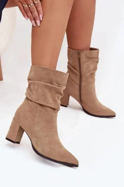 Clearance Boto Botki Damskie Na Słupku Z Marszczeniem Ocieplane Beżowe Amelise Beżowy