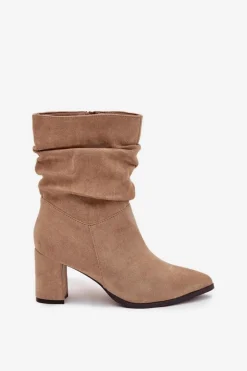 Clearance Boto Botki Damskie Na Słupku Z Marszczeniem Ocieplane Beżowe Amelise Beżowy