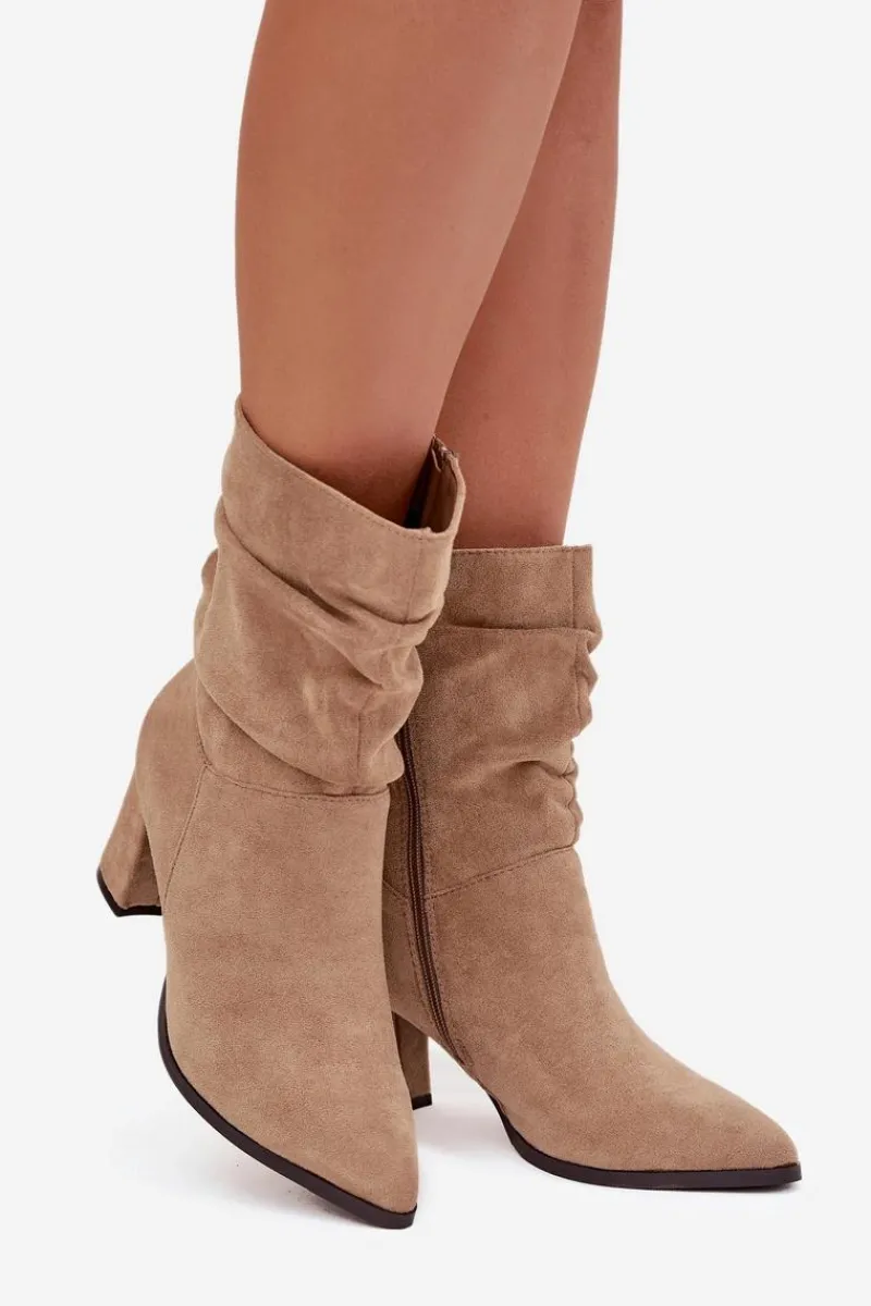 Clearance Boto Botki Damskie Na Słupku Z Marszczeniem Ocieplane Beżowe Amelise Beżowy