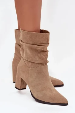 Clearance Boto Botki Damskie Na Słupku Z Marszczeniem Ocieplane Beżowe Amelise Beżowy