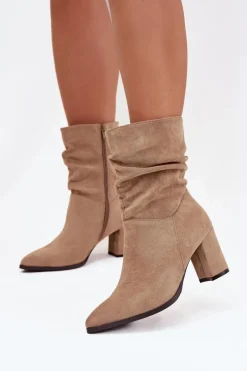 Clearance Boto Botki Damskie Na Słupku Z Marszczeniem Ocieplane Beżowe Amelise Beżowy