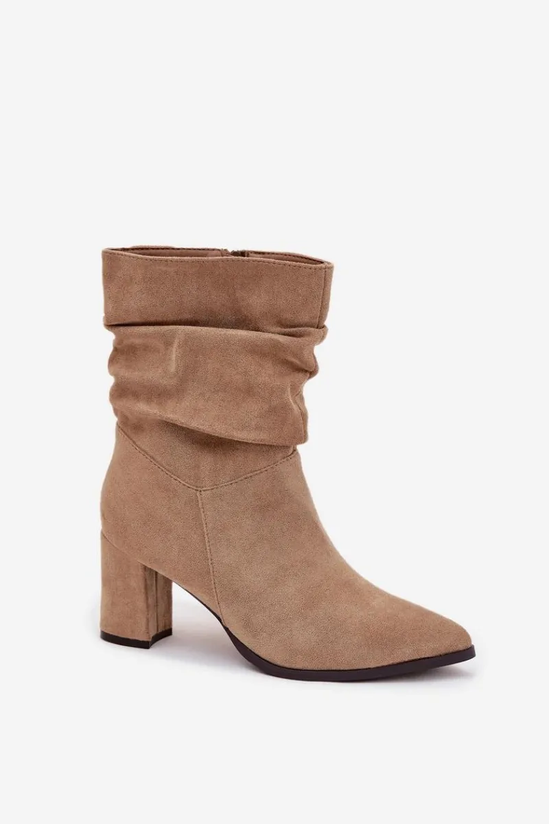 Clearance Boto Botki Damskie Na Słupku Z Marszczeniem Ocieplane Beżowe Amelise Beżowy