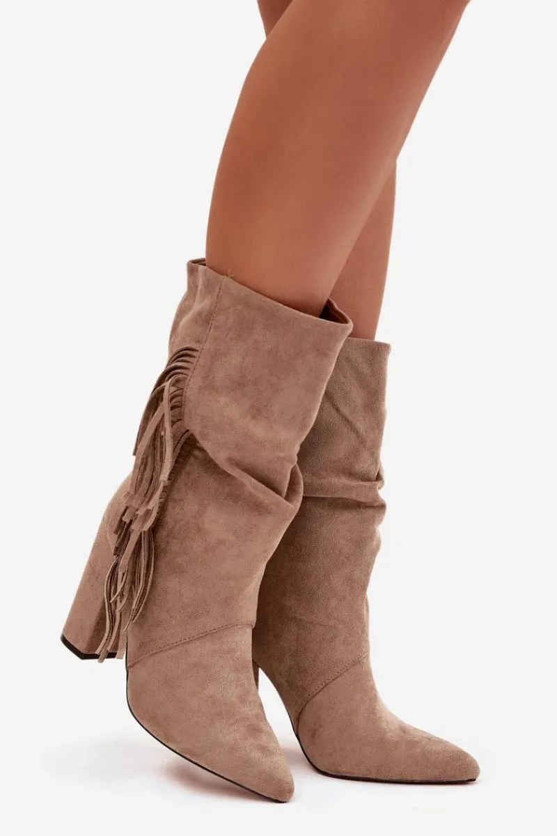 Botki Ocieplane|Botki Na Słupku>Boto Botki Damskie Na Słupku Z Frędzlami I Marszczeniem Ocieplane Beżowe Darlina Beżowy