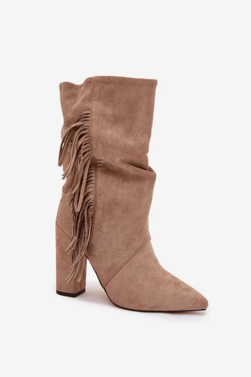 Botki Ocieplane|Botki Na Słupku>Boto Botki Damskie Na Słupku Z Frędzlami I Marszczeniem Ocieplane Beżowe Darlina Beżowy