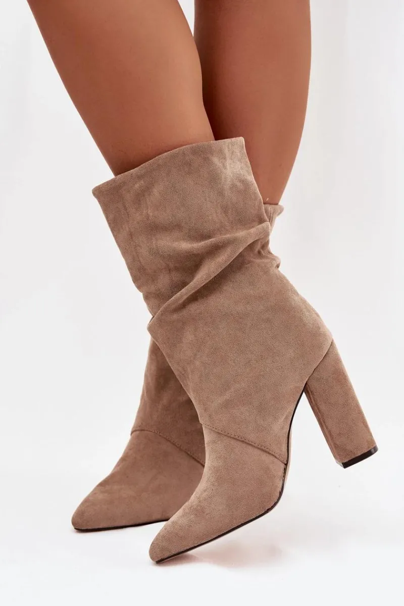 Botki Ocieplane|Botki Na Słupku>Boto Botki Damskie Na Słupku Z Frędzlami I Marszczeniem Ocieplane Beżowe Darlina Beżowy