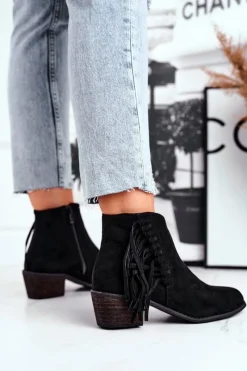 Boto Botki Damskie Na Słupku Z Frędzlami Kowbojki Czarne Mirage