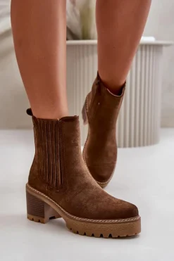 Discount Botki Damskie Na Słupku Z Eko Zamszu Ocieplane Ciemnobrązowe Nevitas Damskie Botki Ocieplane|Brązowe I Beżowe Botki